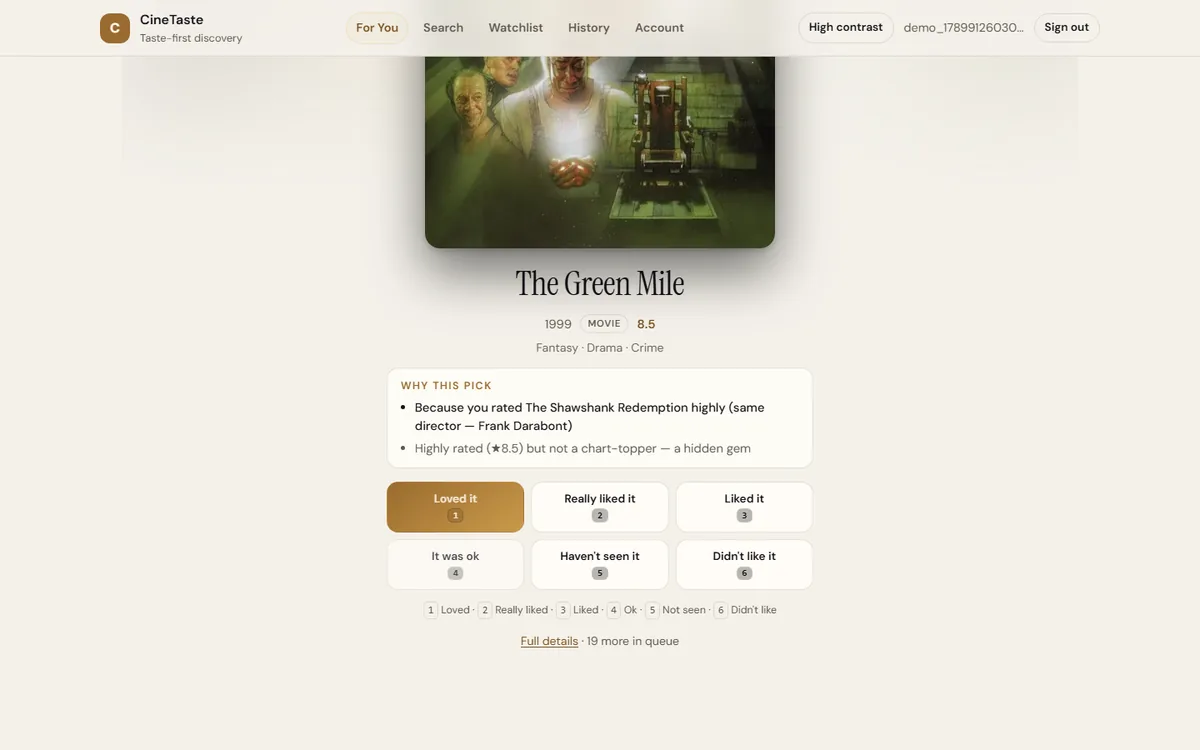 CineTaste recommending The Green Mile, with its reasons: you rated The Shawshank Redemption highly and it has the same director, Frank Darabont; and it is highly rated but not a chart-topper.